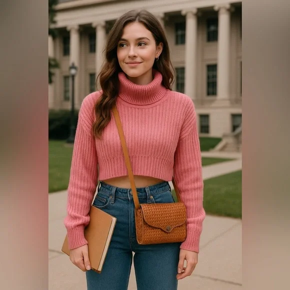 Urban Outfitters Pink Cropped Turtleneck Sweater S Ribbed Knit Barbie Cozycore - Picture 2 of 10